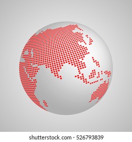 Vector planet Earth globe with red squared map of continent Asia. 3D illustration with shadow and gradient background.