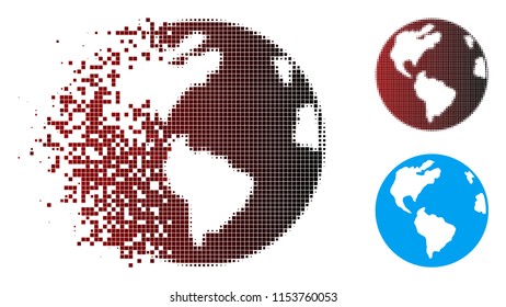 Vector planet Earth icon in dissolved, dotted halftone and undamaged solid versions. Disappearing effect involves rectangle sparks and horizontal gradient from red to black.