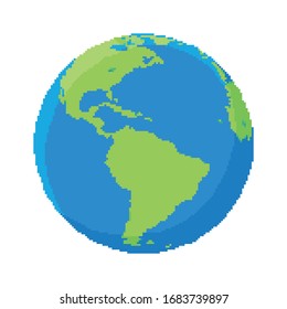 Vector planet Earth icon. Pixel art 8 bit. Flat planet Earth icon. 