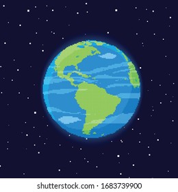 Vector planet Earth icon. Pixel art 8 bit. Flat planet Earth icon in space. 