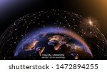 Vector. Planet Earth from space. Flickering lights of cities. Map of the mainland. Global communications system and the World Wide Web. Technologies and communications. Globalization. Luminous sphere.