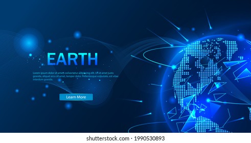 Vector. Planet Earth from space. Flickering lights of cities. Map of the mainland. Global communications system and the World Wide Web. Technologies and communications. Globalization. Luminous sphere.