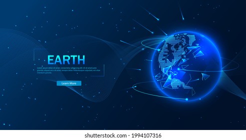 Vector. Planet Earth from space. Flickering lights of cities. Map of the mainland. Global communications system and the World Wide Web. Technologies and communications. Globalization. Luminous sphere.