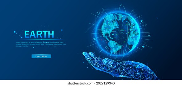 Vector. Planet Earth from space. Flickering lights of cities. Map of the mainland. Global communications system and the World Wide Web. Technologies and communications. Globalization. Luminous sphere.