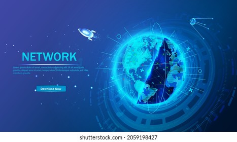 Vector. Planet Earth from space. Flickering lights of cities. Map of the mainland. Global communications system and the World Wide Web. Technologies and communications. Globalization. Luminous sphere.