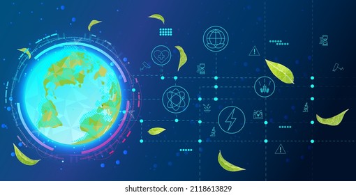 Vector. Planet Earth from space. Flickering lights of cities. Map of the mainland.  Save the planet, nature, and the environment.  