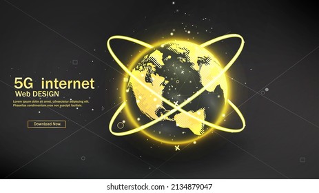 Vector. Planet Earth from space. Flickering lights of cities. Map of the mainland. Global communications system and the World Wide Web. Technologies and communications. Globalization. Luminous sphere.