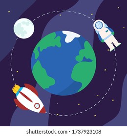 Vector planet earth in space and rocket, moon and astronaut are flying in orbit. Dark blue Cosmic background with bright yellow stars. Cartoon vector illustration