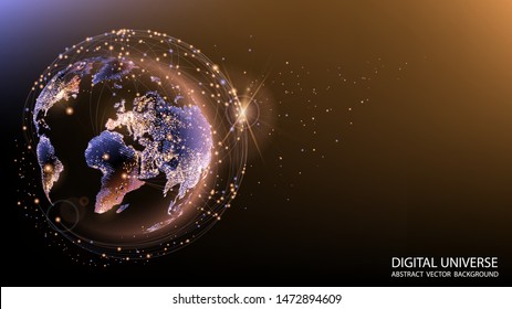 Vector. Planet Earth from space.Technologies and communications. Flickering lights of cities. Map of the mainland. Global communications system and the World Wide Web. Globalization. Luminous sphere.