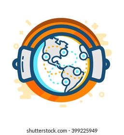 Vector Planet with headphones in flat minimalistic style