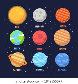 Vector Planet icon set of solar system planets on dark space background. mercury, venus, earth, mars, jupiter, saturn, uranus, neptune, moon, stars and sun.