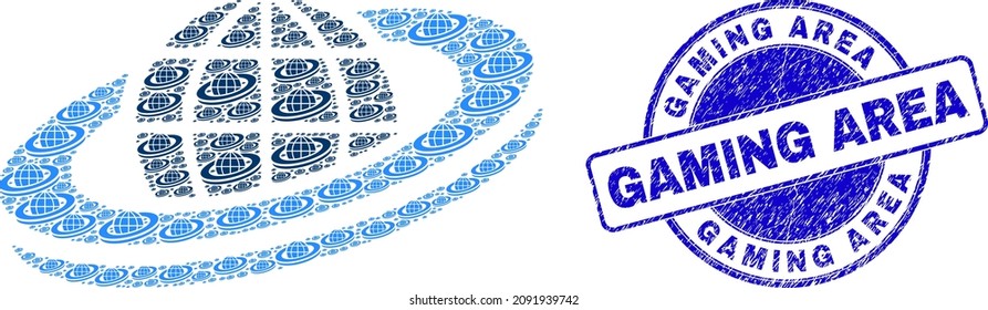 El collage de iconos de órbita del planeta vectorial está organizado de elementos dispersos de órbita de planeta recursiva. Imitación de sellado redondo azul de goma de la zona de juegos. Collage recursivo del icono de la órbita del planeta.