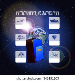 Vector planet with plane tourist transport icons painted by hand and travel bag.