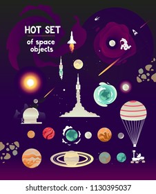 Vector planet set of  flat space  rocket objects at take-off, rover, solar system planets, observatory, meteorites, black hole,  parachute. Cosmonautics Day banner rocket cosmonaut.Astronaut in space 