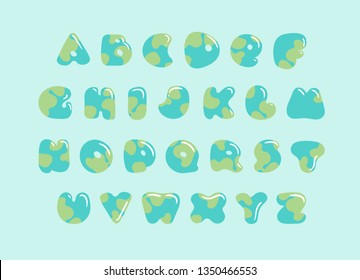Vector planet style font design. Blue and green ABC letters symbolize the oceans and continents of Earth. Holiday font. Cartoon letters for greeting card, poster, banner on Worlds Day.