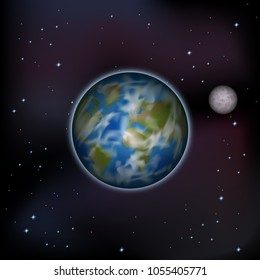 Vector, planet view from space, space travel, earth and moon, realistic illustration.