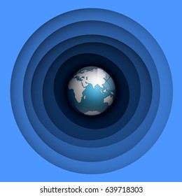 Vector planet world map with ocean banner. Globe icon. Planet Earth on black background. Continents world picture. Colorful planet poster presentation