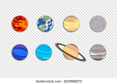 Vector Planets, Flat Cartoon Objects with Shadows Isolated on Light Transparent Background, Solar System Planets.