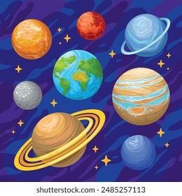 Vector planetas del sistema solar sobre un fondo coloreado. Planetas del Sistema Solar. Iconos de luna, sol y cometa aislados sobre fondo de cielo estrellado. Vector Júpiter y Saturno, gigantes gaseosos del espacio exterior