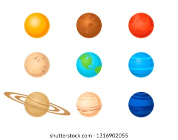 Vector planets of solar system set. Earth, saturn jupiter, mercury, neptune pluto, uranus, venus and mars icons on isolated background. Universe and galaxy objects for cosmic design.