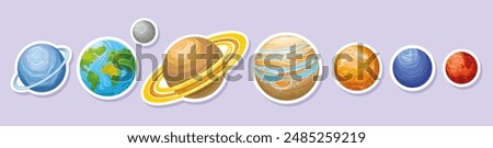 Vector planets of the solar system. Set of planets of the solar system for stickers, poster, postcard, flyer. Earth, Moon, Jupiter, Saturn, Neptune, Venus, Mercury, Mars, Uranus, Pluto.