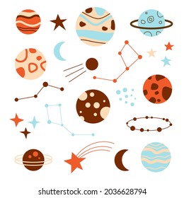 Vector planets, universes and stars. Set of space elements isolated on a white background.