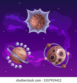 Vector planets in an unknown universe. Uninhabited fantasy stars in space. Design elements for gaming and user interface. Colorful background wallpaper. Brown and gray