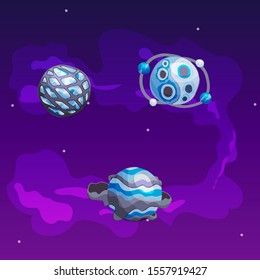 Vector planets in an unknown universe. Uninhabited fantasy stars in space. Design elements for gaming and user interface. Colorful background wallpaper. Blue and gray