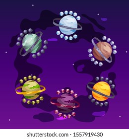 Vector planets in an unknown universe. Uninhabited fantasy stars in space. Design elements for gaming and user interface. Colorful background wallpaper