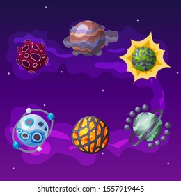 Vector planets in an unknown universe. Uninhabited fantasy stars in space. Design elements for gaming and user interface. Colorful background wallpaper