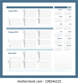 Vector planner for 2014 -Three month calendar