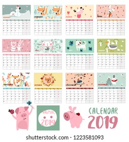 vector planner calendar 2019 with 12 months and cute animals