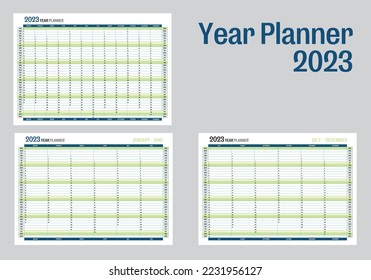 Vector planner calendar with notes and place for schedule. Planner English calendar of 2023 year, template schedule calendar with 12 vertical months on one page., Minimal modern organizer for desktop 