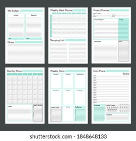 Vector planner pages templates. Daily, weekly, monthly, project, budjet and meal planners. Teal clear simple design. 