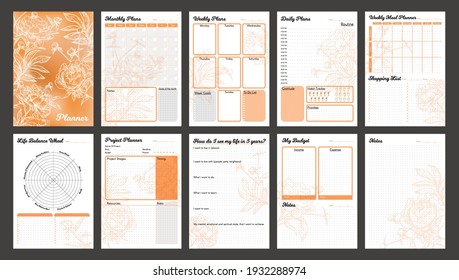 Vector Planner Pages Templates. Daily, Weekly, Monthly, Project, Budjet And Meal Planners. Peach Orange Shade Floral Design.