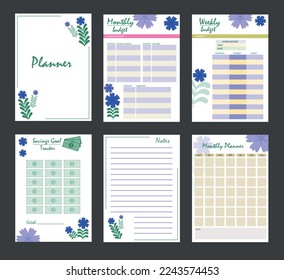 Vector Planner Pages Templates. Weekly, Monthly Budget Planners, Shopping List, Notes, Savings Goal Tracker Floral Berries Design