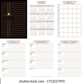 Vector planner template in art deco style. 2020 Calendar. Pages for monthly weekly and daily planner. All pages are isolated. 