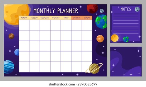 Vector planner template for a month with boards and a solar system. Planner with galaxy and outer space background.