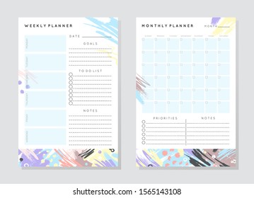 Vector planner templates with hand drawn shapes and textures in pastel colors.Organizer and schedule with place for notes,goals and to do list.Trendy minimalistic style.Abstract modern design.