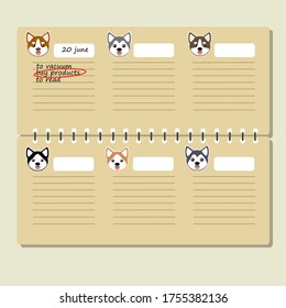 vector planner for to-do list and diary with cute chibi anime husky dogs of different colors