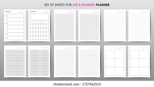 Vector planner or workbook pages for business, lined and squared sheets, organizer for personal and work issues