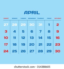 Vector planning calendar 2016. April.
