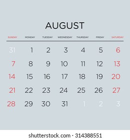 Vector planning calendar 2016. August.