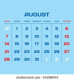 Vector planning calendar 2016. August.