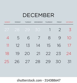 Vector planning calendar 2016. December.