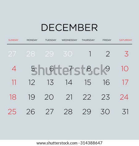 Vector planning calendar 2016. December.