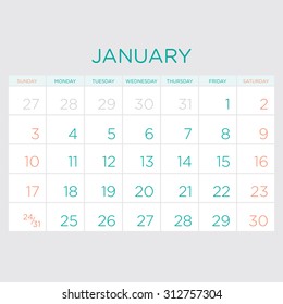 Vector planning calendar 2016. January.