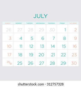 Vector planning calendar 2016. July.