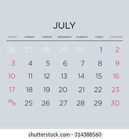 Vector planning calendar 2016. July.