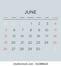 Vector planning calendar 2016. June.